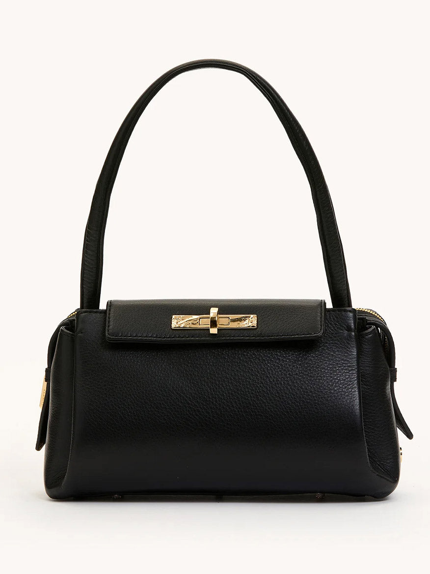 The Hammitt Los Angeles Charlotte Medium in Black/Gold, a chic black pebble leather bag with a top handle and gold-tone clasp, features a structured rectangular shape and spacious interior—perfect for any occasion.