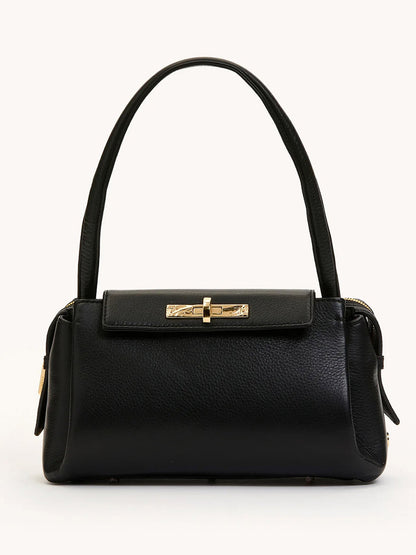 The Hammitt Los Angeles Charlotte Medium in Black/Gold, a chic black pebble leather bag with a top handle and gold-tone clasp, features a structured rectangular shape and spacious interior—perfect for any occasion.