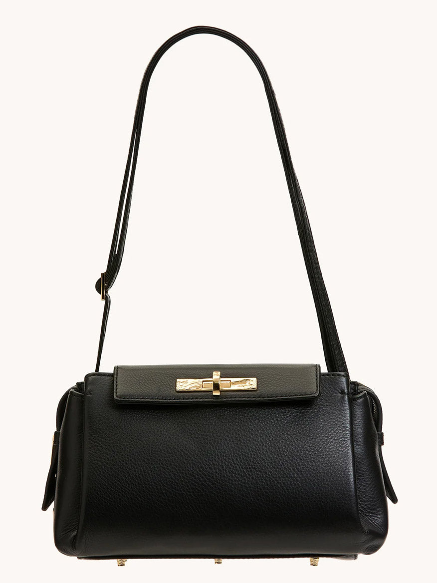 The Hammitt Los Angeles Charlotte Medium in Black/Gold is a black pebble leather crossbody shoulder bag with a rectangular shape, flap closure, and gold-tone hardware, displayed against a plain background.