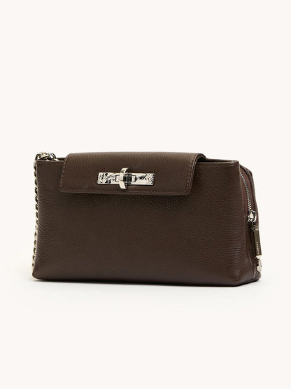 The Hammitt Los Angeles Charlotte Small in Espresso Pebble/Silver is a rectangular brown leather crossbody bag with a silver clasp and chain strap, shown on a plain light background.