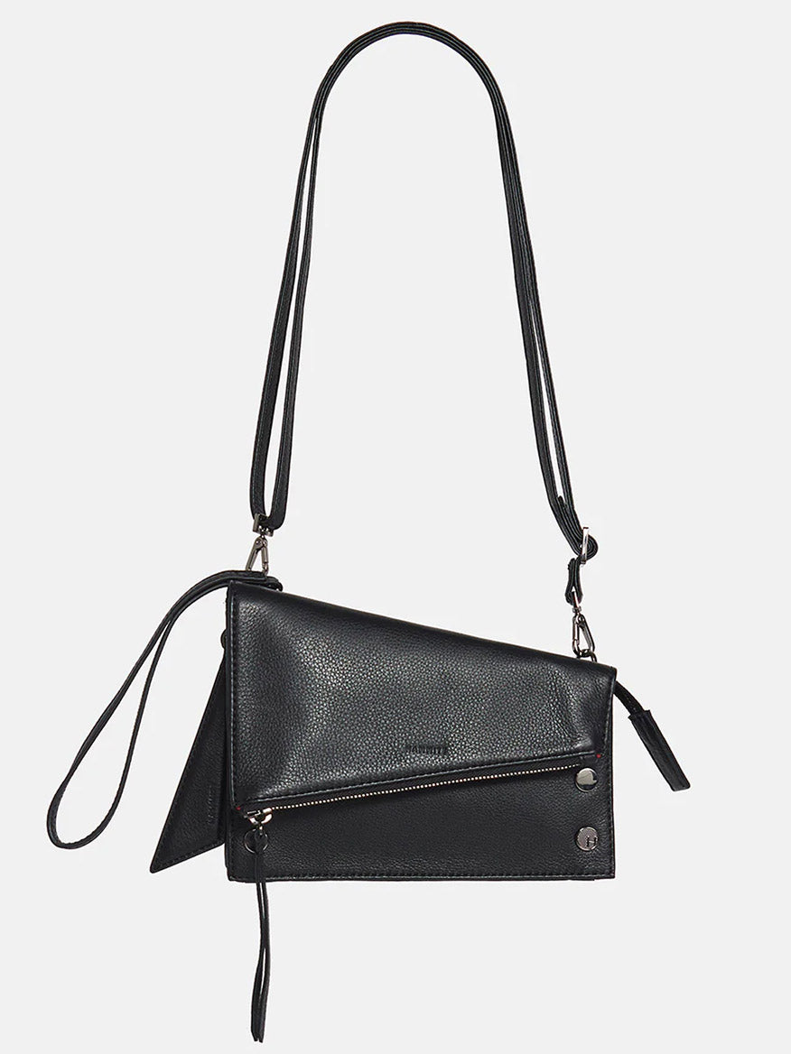 Hammitt Los Angeles Curtis in Black leather crossbody bag with zipper, flap design, and detachable hangtag against a white background.