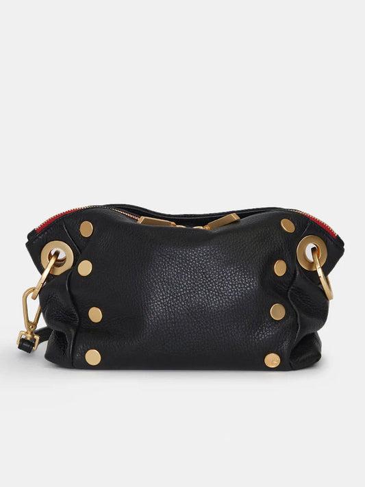 The Hammitt Los Angeles Daniel Crossbody Clutch Small in Black & Brushed Gold features a black pebbled leather design with gold studs and rings, a red zipper, and gathered sides.