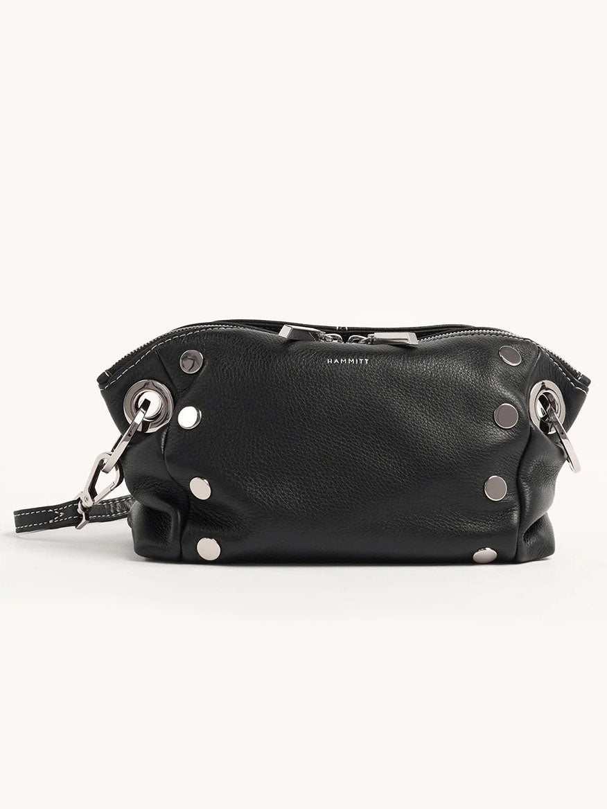 Introducing the Hammitt Los Angeles Daniel Crossbody Clutch Small in Tempo Black: a stylish black pebbled leather handbag with silver studs, featuring a secure zipper closure and detachable crossbody strap for versatile use.