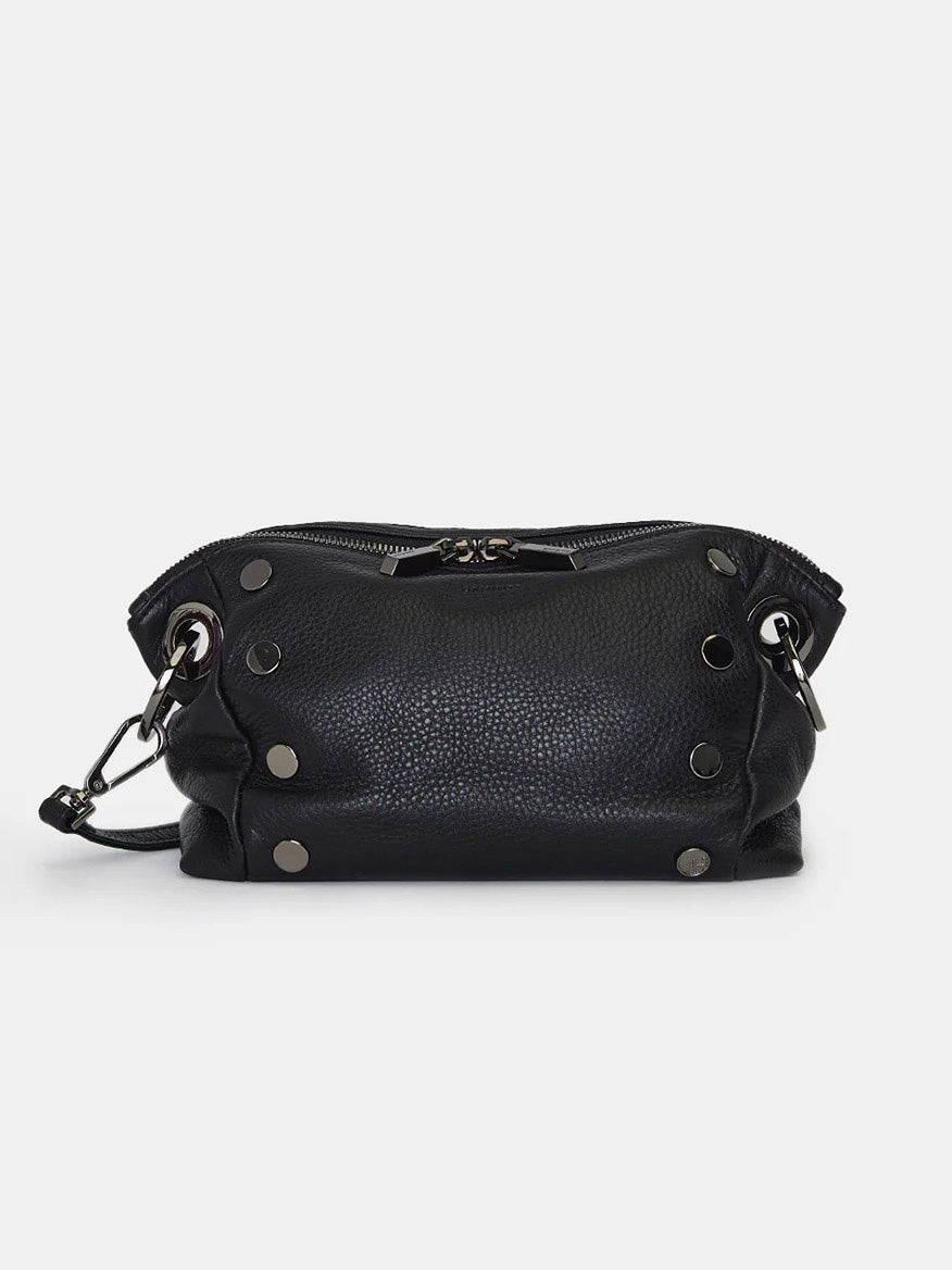 The Hammitt Los Angeles Daniel Crossbody Clutch Small in Black features a black pebbled leather finish with gunmetal hardware, metal studs, and a zipper closure. It includes a detachable strap on the side, allowing it to effortlessly transform into a chic crossbody bag.