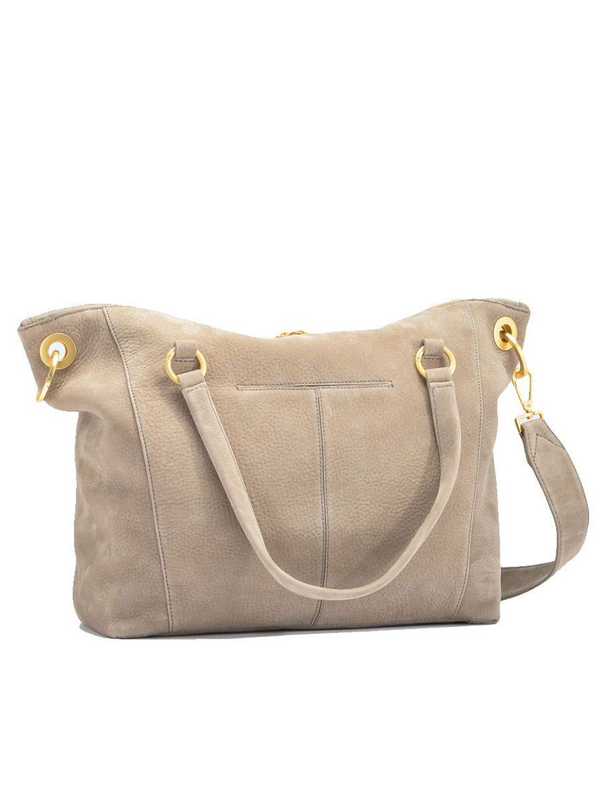 Hammitt Los Angeles Daniel Large Satchel in Grey Natural with a removable shoulder strap and brushed gold hardware, featuring a front pocket and top zipper, isolated on a white background.