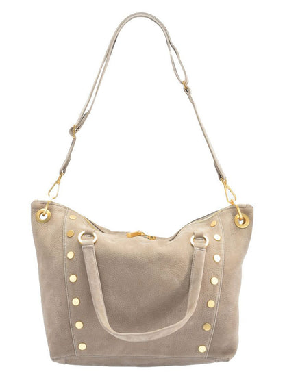 Hammitt Los Angeles Daniel Large Satchel in Grey Natural with brushed gold hardware and stud details, isolated on a white background.