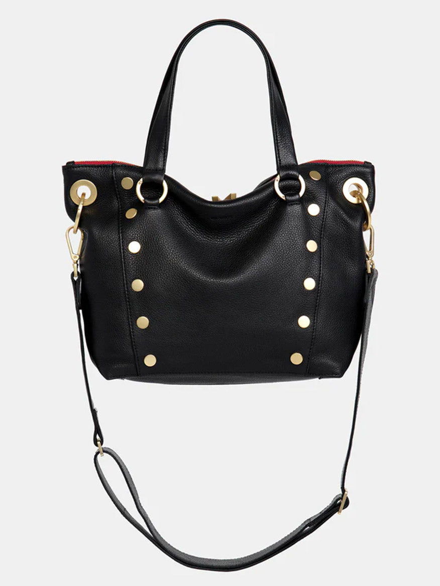 A chic Hammitt Los Angeles Daniel Medium Satchel in black leather, adorned with brushed gold studs and hardware, featuring two short handles and an adjustable crossbody strap, enhanced by a striking red zip.