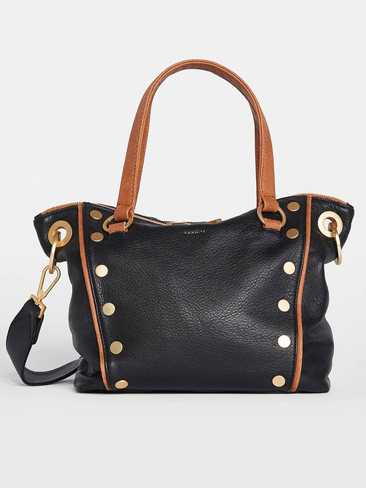 A Hammitt Los Angeles Daniel Medium Satchel in North End with soft black pebbled leather, saddle brown trim, and gold studs, featuring a detachable shoulder strap.