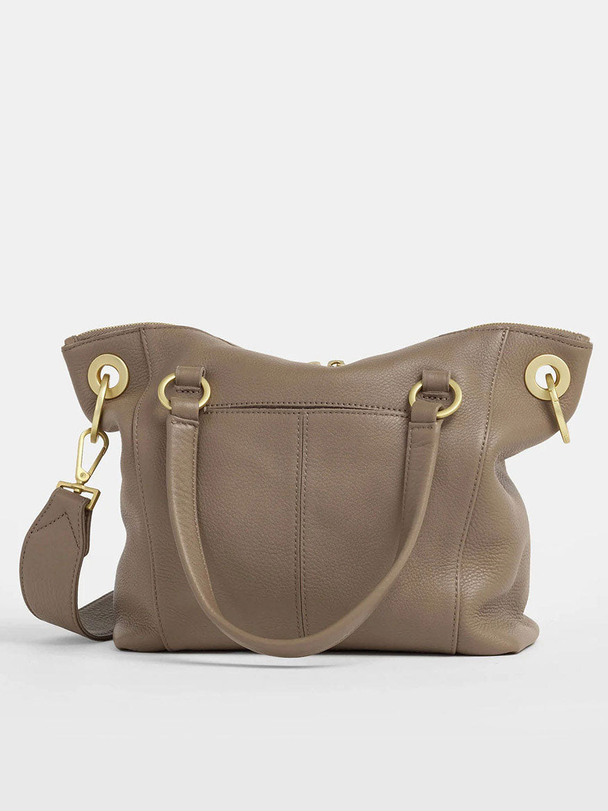 The Hammitt Los Angeles Daniel Medium Satchel in Sculpted Taupe features a compact taupe pebbled leather design, brushed gold hardware, dual shoulder handles, and a detachable strap.