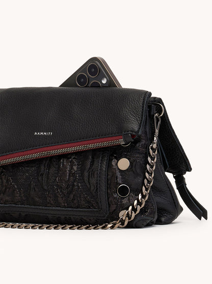 The Hammitt Los Angeles Dillon Small in Midnight Marquise/Gunmetal is a black Italian leather convertible clutch with a chain strap, front zipper pocket, and space for your smartphone.