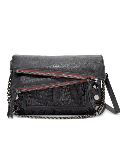 The Hammitt Los Angeles Dillon Small in Midnight Marquise/Gunmetal is a black Italian leather handbag with a textured flap, silver chain strap, exposed zippers, and gunmetal grommet details—an edgy yet sophisticated accessory for any occasion.