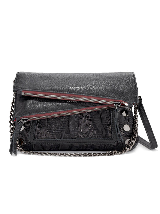 The Hammitt Los Angeles Dillon Small in Midnight Marquise/Gunmetal is a black Italian leather handbag with a textured flap, silver chain strap, exposed zippers, and gunmetal grommet details—an edgy yet sophisticated accessory for any occasion.
