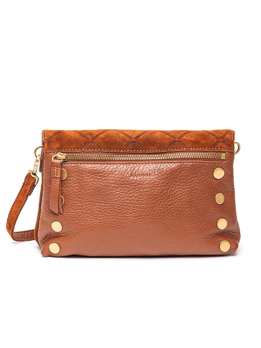 The Hammitt Los Angeles Dillon Small in Chocolate Diamond Suede/Antique Gold features embossed leather, gold-tone studs, a zippered pocket, and detachable strap for clutch or wristlet styling, shown against a white background.