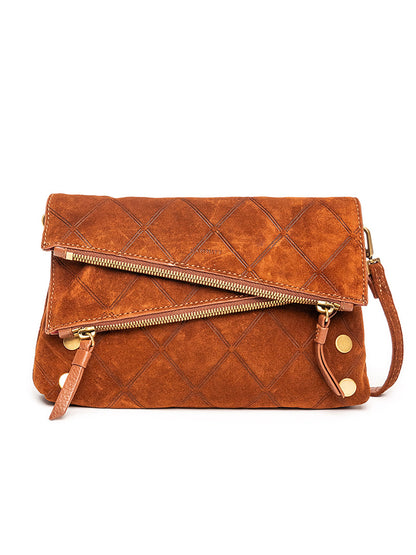 The Hammitt Los Angeles Dillon Small in Chocolate Diamond Suede/Antique Gold is a brown Italian suede crossbody clutch with a quilted pattern, asymmetrical gold zipper detail, and gold hardware for versatile style on any occasion.