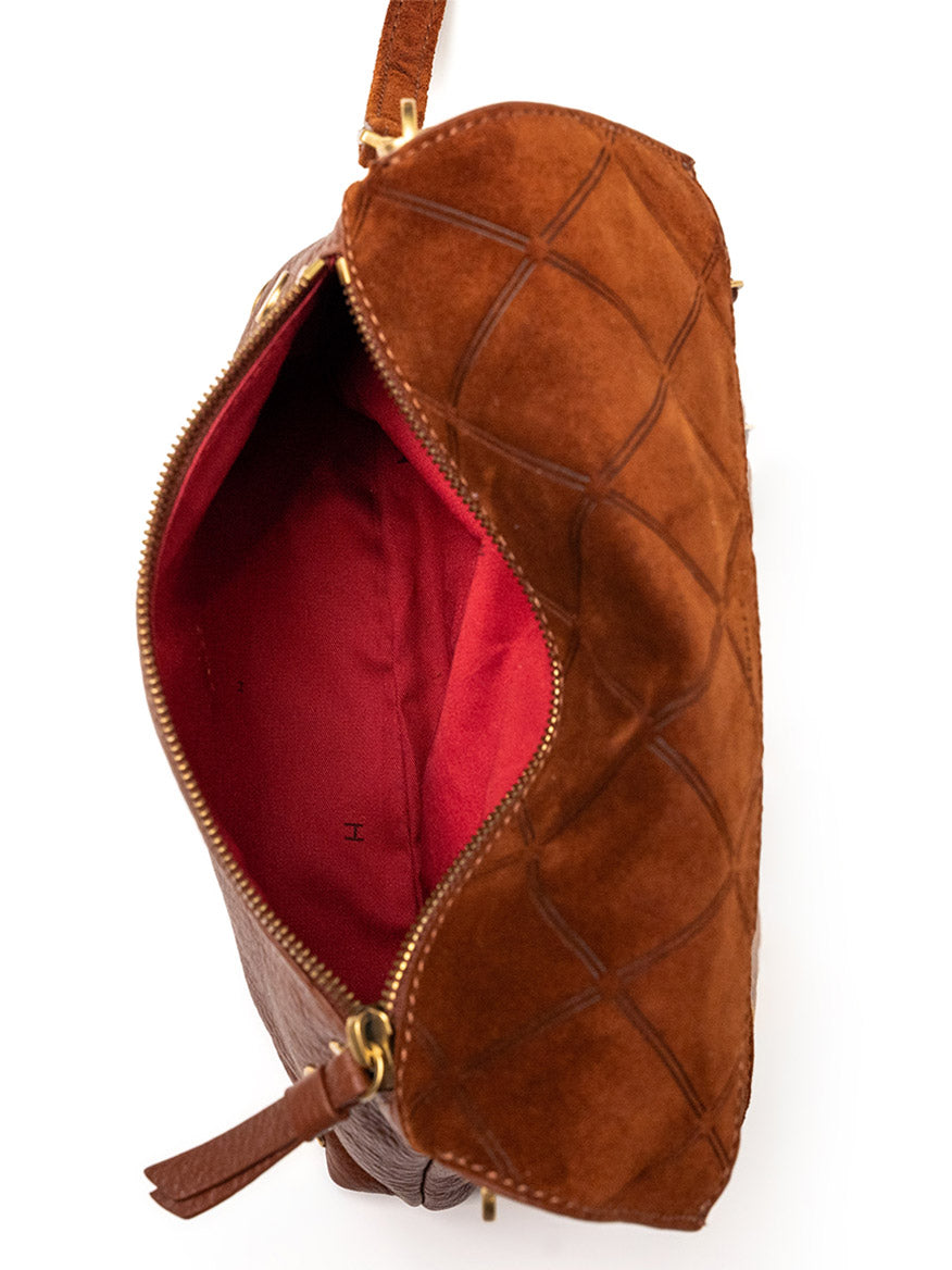 The Hammitt Los Angeles Dillon Small in Chocolate Diamond Suede/Antique Gold is a convertible clutch with a gold zipper, shown open to display its red fabric interior.