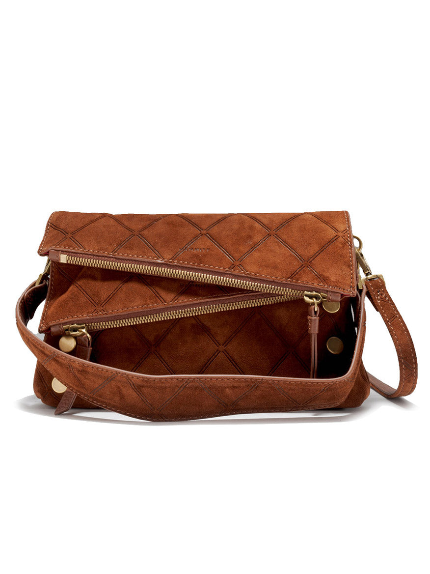 The Hammitt Los Angeles Dillon Small in Chocolate Diamond Suede/Antique Gold features diamond stitching, a flap opening to dual zippered pockets, and an adjustable shoulder strap.