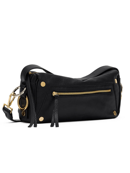 Hammitt Los Angeles Doxie Medium in Black/Gold/Silver showcases a black pebbled leather design with a relaxed East-West silhouette, mixed gold and silver hardware, front zip pocket, decorative tassels, and an adjustable strap, set against a white background.