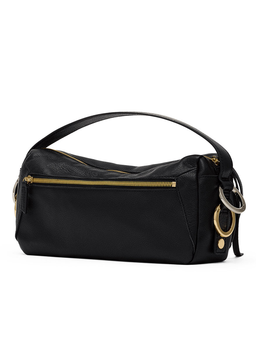 The Hammitt Los Angeles Doxie Medium in Black/Gold/Silver is a black pebbled leather bag with a slouchy East-West silhouette, featuring a short strap, gold zipper, and striking mixed-metal hardware with metal ring accents, elegantly showcased against a white background.