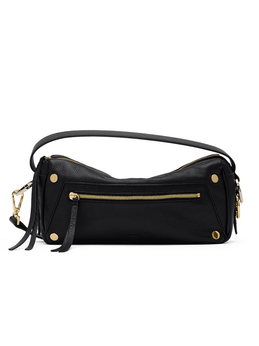 Hammitt Los Angeles Doxie Medium in Black/Gold/Silver — a black pebbled leather bag with gold hardware, showcasing a slouchy East-West silhouette, top handle, front zip pocket, and decorative tassels—photographed on a white background.