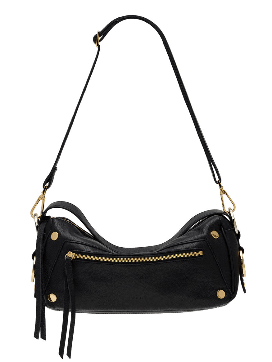 Hammitt Los Angeles Doxie Medium in Black/Gold/Silver features black pebbled leather, a slouchy East-West silhouette, a gold zipper pocket on the front, mixed-metal hardware, and a single adjustable strap.
