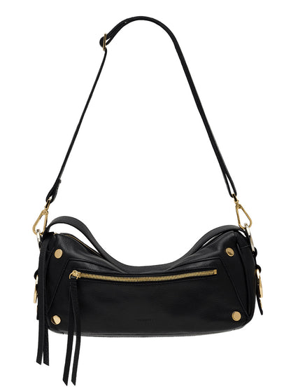 Hammitt Los Angeles Doxie Medium in Black/Gold/Silver features black pebbled leather, a slouchy East-West silhouette, a gold zipper pocket on the front, mixed-metal hardware, and a single adjustable strap.