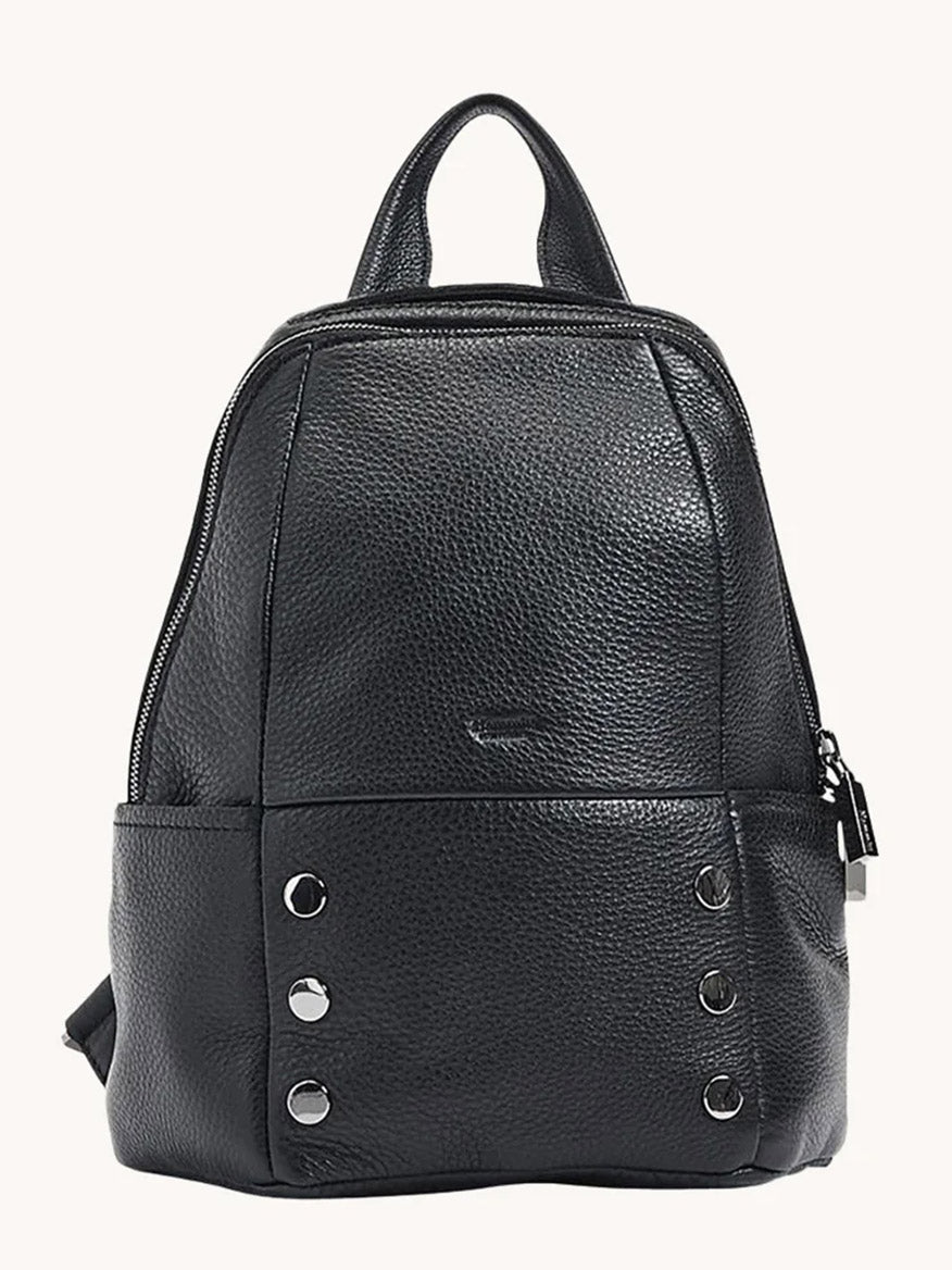 The Hammitt Los Angeles Hunter Medium Backpack in Black/Gunmetal features black pebbled leather, a top handle, adjustable straps, front zipper pocket, and four vertical gunmetal studs—perfect as a stylish day backpack.