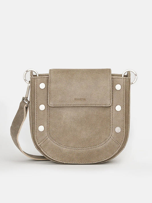 The Hammitt Los Angeles Kayce Saddle Bag Medium in Pewter, featuring rivets and studs, is a compact size crossbody style.