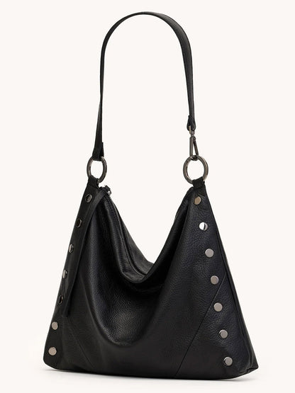 Chic and spacious, the Hammitt Los Angeles Kyle Large Shoulder Bag in Black/Gunmetal features black pebble leather, a single strap, silver-tone ring accents, and metal studs along the sides for a sophisticated look.