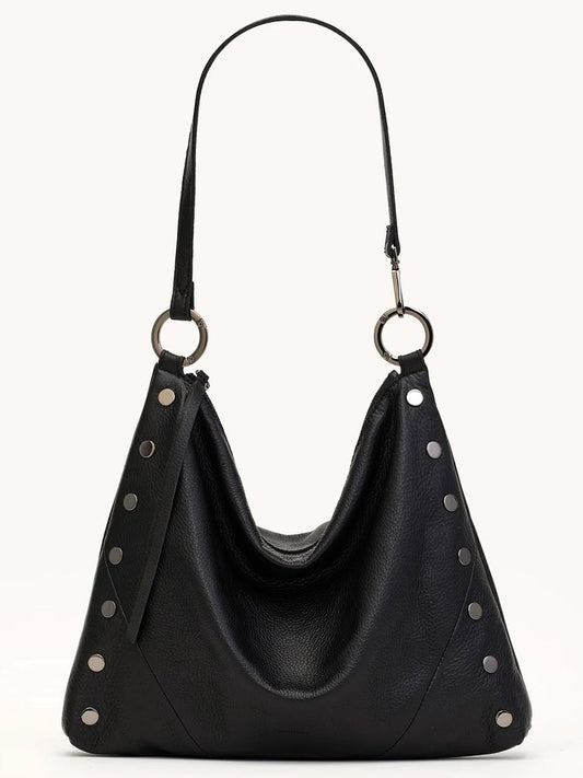 The Hammitt Los Angeles Kyle Large Shoulder Bag in Black/Gunmetal features black pebble leather, a single strap, gunmetal ring hardware, and metal stud accents along the sides.