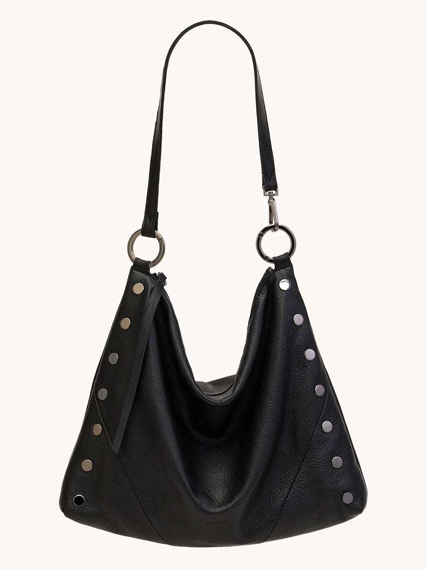 The Hammitt Los Angeles Kyle Large Shoulder Bag in Black/Gunmetal features a single strap, silver-tone metal rings, and stud accents—making it the ideal large crossbody for any occasion.