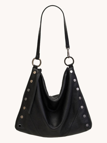 The Hammitt Los Angeles Kyle Large Shoulder Bag in Black/Gunmetal features a single strap, silver-tone metal rings, and stud accents—making it the ideal large crossbody for any occasion.