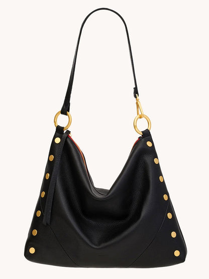 The Hammitt Los Angeles Kyle Large Shoulder Bag in Black/Brushed Gold & Red Zip features black pebble leather, gold studs, ring hardware, and a roomy design—perfect as an everyday crossbody with standout style.