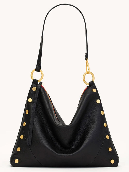 The Hammitt Los Angeles Kyle Large Shoulder Bag in Black/Brushed Gold & Red Zip is a spacious crossbody with gold accents, a single strap, and a slouchy silhouette.