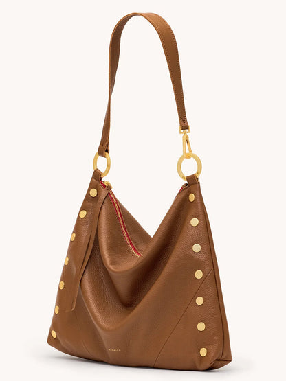 The Hammitt Los Angeles Kyle Large Shoulder Bag features mahogany pebble leather with brushed gold hardware, gold-tone studs, a single strap, and a signature red zipper detail.