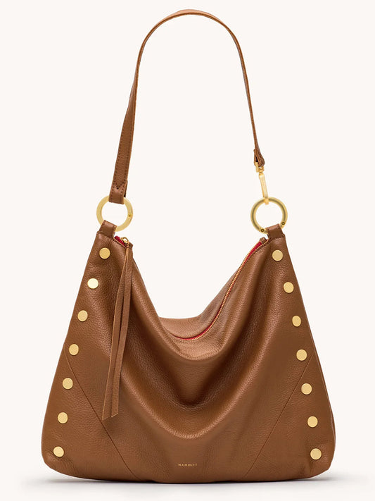 Meet the Hammitt Los Angeles Kyle Large Shoulder Bag in Mahogany Pebble, finished with brushed gold-tone studs, gold rings on the strap, and a standout red zipper closure.