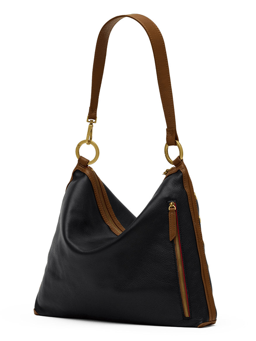Hammitt Los Angeles Kyle Large Shoulder Bag in East End/Antique Gold, featuring black pebbled leather, a brown shoulder strap, gold hardware, and a side zipper pocket, displayed on a white background.
