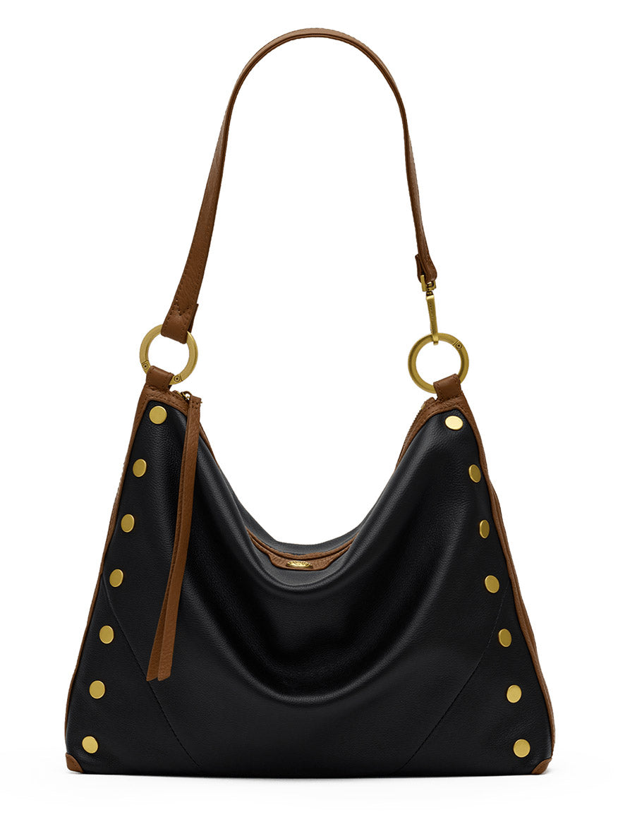 A black pebbled leather Hammitt Los Angeles Kyle Large Shoulder Bag in East End/Antique Gold, featuring a brown strap and gold studs along the sides, is displayed on a white background. This spacious shoulder bag combines stylish detailing with everyday elegance.