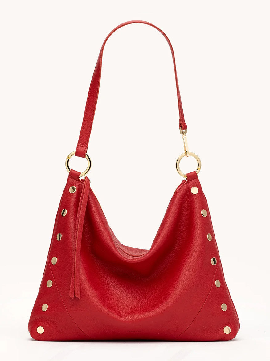 The Hammitt Los Angeles Kyle Large Shoulder Bag in Chili Red/Gold features pebble leather, gold studs along the sides, a single strap, and gold hardware—making it a standout accessory against any plain background.