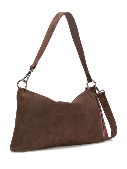 The Hammitt Los Angeles Kyle Medium Shoulder Bag in Belted Suede/Gunmetal, crafted from brown Italian suede with a matching strap and side zipper, is photographed against a white background.