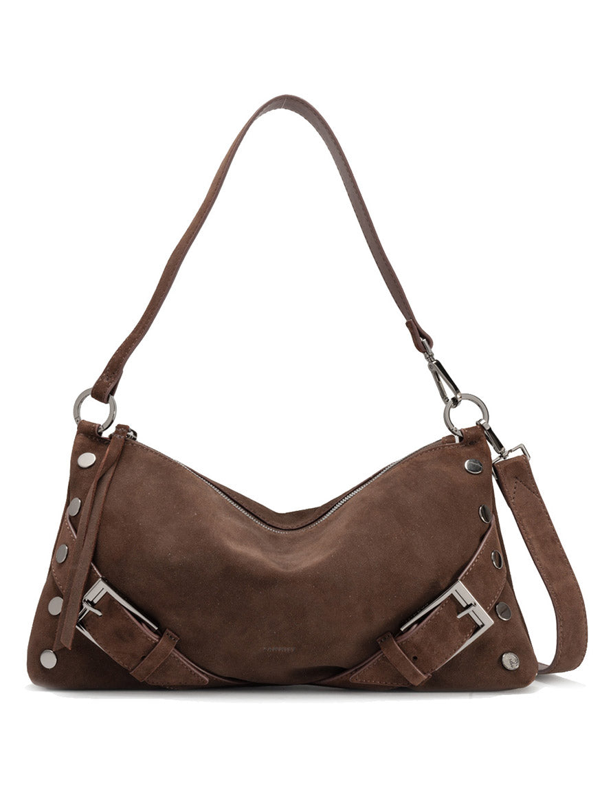 The Hammitt Los Angeles Kyle Medium Shoulder Bag in belted brown suede features gunmetal hardware, decorative buckles, and a detachable strap, shown against a white background.
