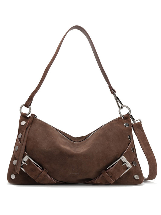 The Hammitt Los Angeles Kyle Medium Shoulder Bag in belted brown suede features gunmetal hardware, decorative buckles, and a detachable strap, shown against a white background.