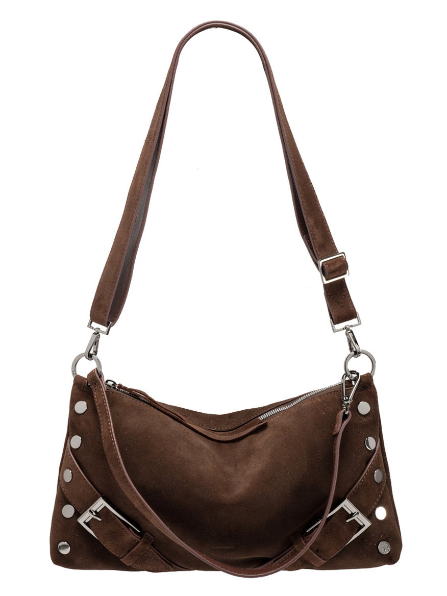 The Hammitt Los Angeles Kyle Medium Shoulder Bag in Belted Suede/Gunmetal features brown Italian suede, silver hardware, an adjustable strap, side studs, and a top zipper closure, shown on a white background.