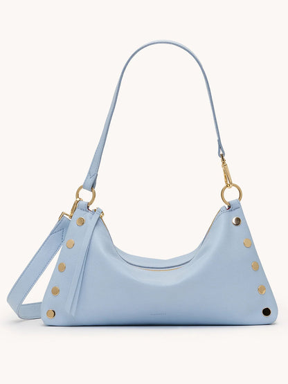 Hammitt Los Angeles Kyle Medium Shoulder Bag in Hazy Blue/Gold features pebbled leather, gold rivet accents, a zipper closure, and an adjustable strap, displayed against a plain background.