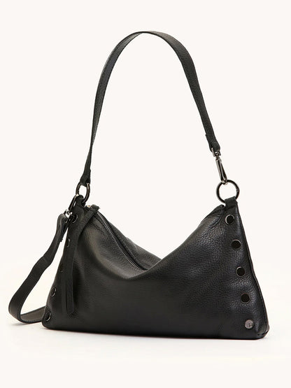 The Hammitt Los Angeles Kyle Medium Shoulder Bag in Black/Gunmetal features black pebble leather, a single shoulder strap, side grommet accents, a zippered main compartment, and a small metal Kyle Med logo on one corner.