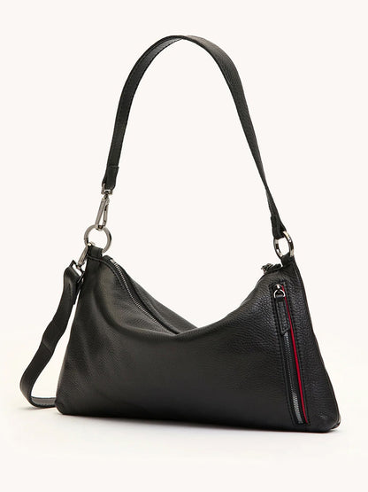 The Hammitt Los Angeles Kyle Medium Shoulder Bag in Black/Gunmetal features black pebble leather, a single adjustable strap, side zip pocket, and gunmetal hardware, shown against a plain light background.