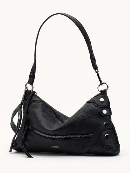 The Hammitt Los Angeles Kyle Medium Shoulder Bag in Moto Black/Gunmetal features sleek leather, gunmetal hardware, a front zipper pocket, and side grommets. Wear it as a shoulder or crossbody bag for versatile style.