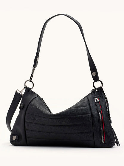 The Hammitt Los Angeles Kyle Medium Shoulder Bag in Moto Black/Gunmetal features black leather, a single strap, gunmetal hardware, front zipper pocket, and horizontal stitching.