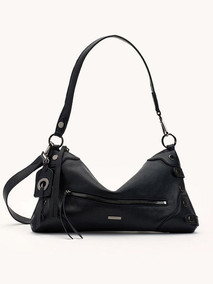 The Hammitt Los Angeles Kyle Medium Shoulder Bag in Moto Black/Gunmetal features silver hardware, a zippered front pocket, and an attached keychain accessory, displayed against a plain light background.