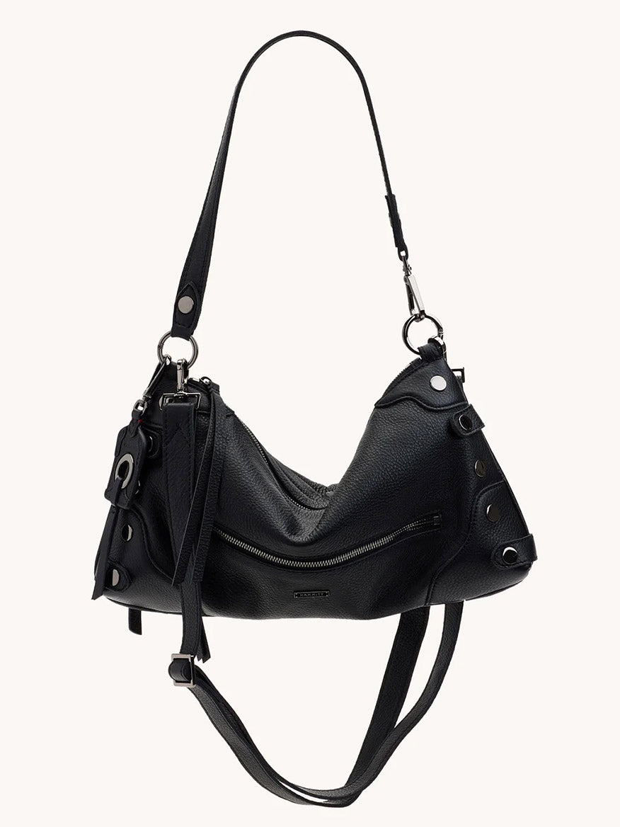 The Hammitt Los Angeles Kyle Medium Shoulder Bag in Moto Black/Gunmetal features silver-toned hardware, a zipper pocket, decorative straps, and an adjustable crossbody strap for versatile style.