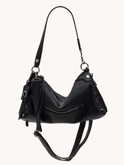 The Hammitt Los Angeles Kyle Medium Shoulder Bag in Moto Black/Gunmetal features silver-toned hardware, a zipper pocket, decorative straps, and an adjustable crossbody strap for versatile style.